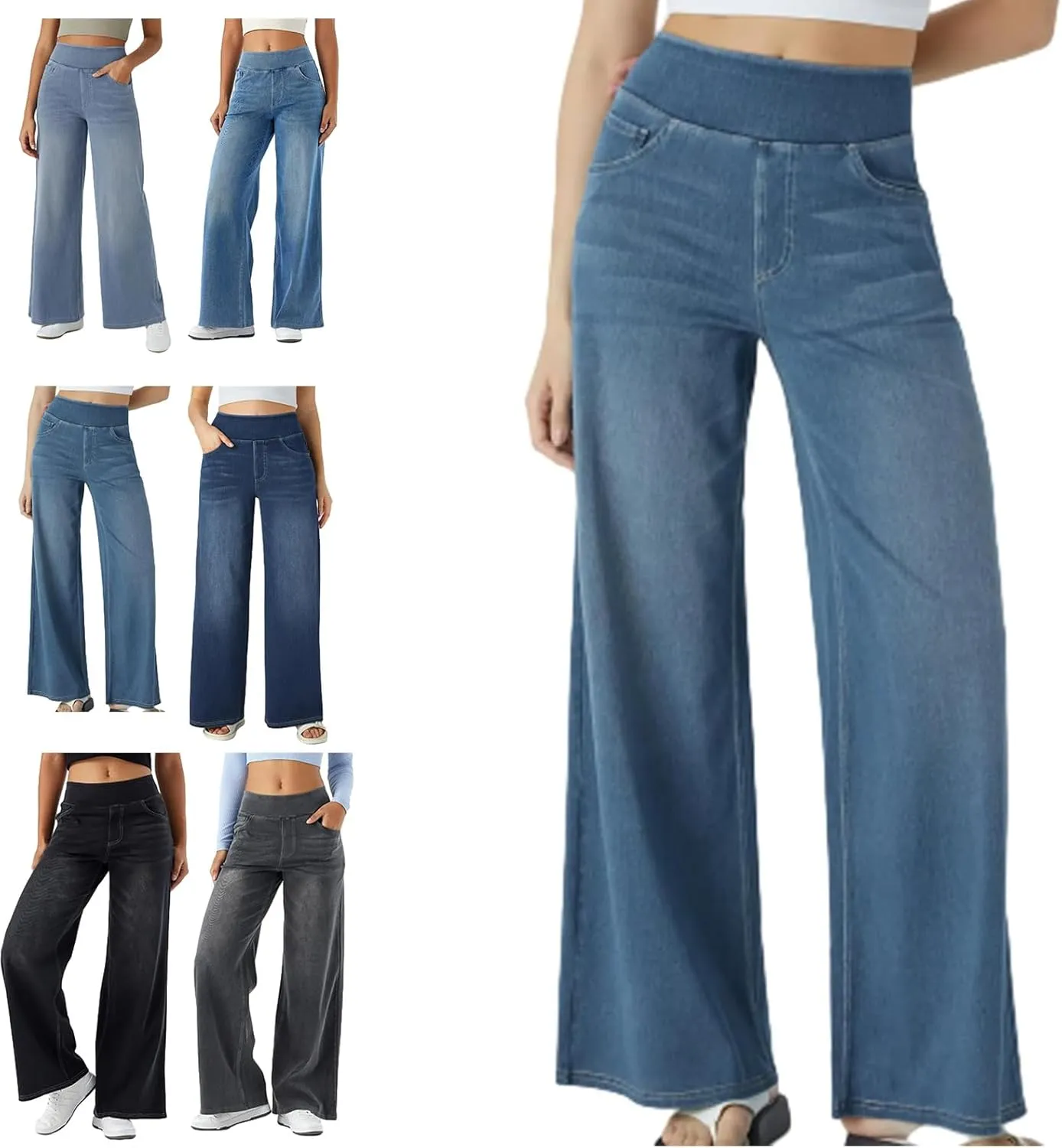 Grevela Pull Up Jeans, Grevela Stretch Jeans, Women's Wide Leg Pants, High Waisted Stretch Pull-on Baggy Denim Pants