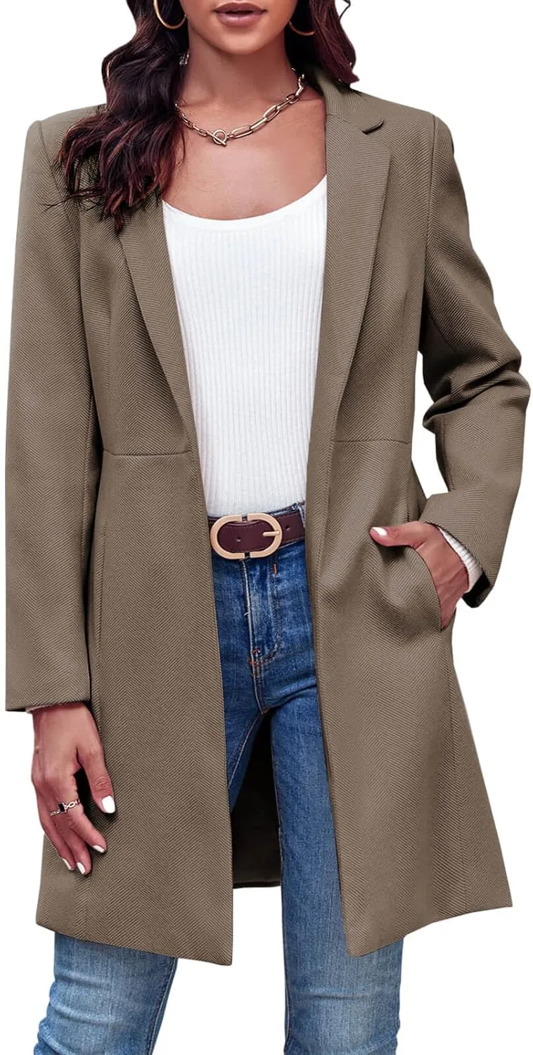Grlasen Womens Wool Blend Long Pea Coats Jackets Slim Fit Open Front Outerwear Casual Winter Overcoats
