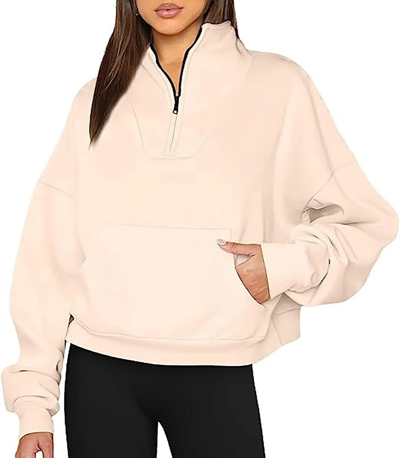 Half Zip Up Hoodies For Women Crop Women's Fall Sweatshirt Long Sleeve Kangaroo Pocket Pullover Tops Loose Fit Sweatshirts