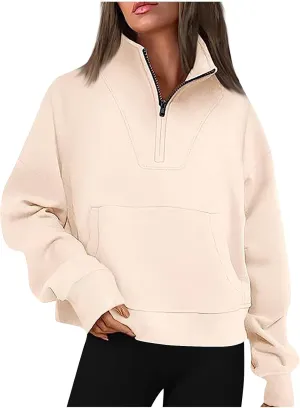 Half Zip Up Hoodies For Women Crop Women's Fall Sweatshirt Long Sleeve Kangaroo Pocket Pullover Tops Loose Fit Sweatshirts