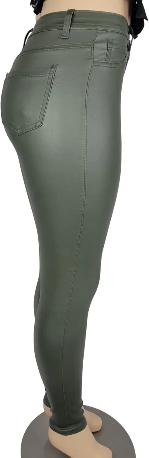 High Waisted Faux Leather Stretch Jeans