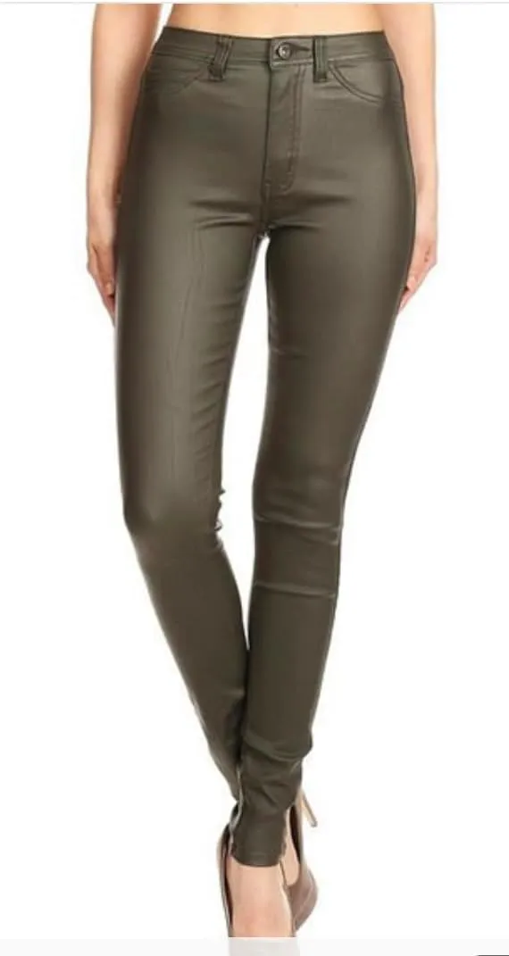 High Waisted Faux Leather Stretch Jeans