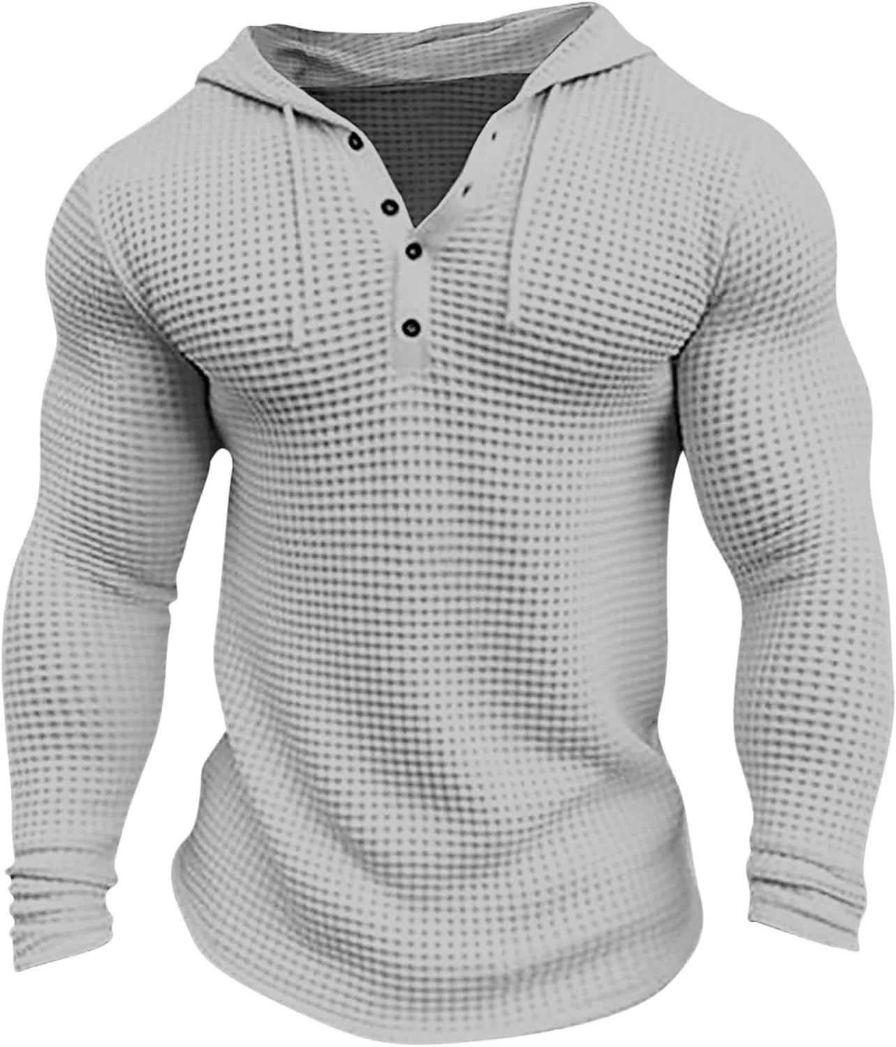 Hooded T Shirts for Men Waffle Knit Hoodie Sweatshirt Long Sleeve Button T-Shirt Silm Fit Fashion Casual Pullover Shirt