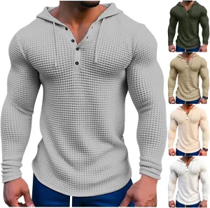 Hooded T Shirts for Men Waffle Knit Hoodie Sweatshirt Long Sleeve Button T-Shirt Silm Fit Fashion Casual Pullover Shirt