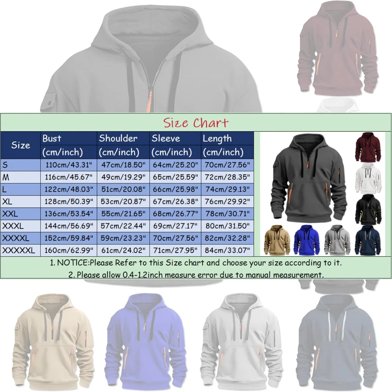Hoodies for Men Quarter Zip Up Pullover Vintage Work Hoodie with Pockets Military Tactical Construction Sweatshirt