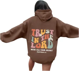 Hoodies For Women Graphic Trust In The Lord Christian Shape Print Winter Outfit With Pocket Drawstring Soft Casual Pullover