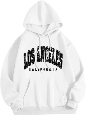 Hoodies for Women Pullover Losangeles Letter Print Hooded Sweatshirt with Pocket Long Sleeve Causal Fleece Tee Aesthetic Fall
