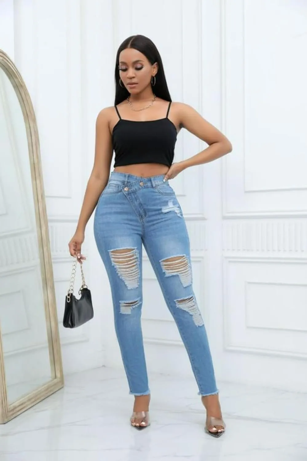 Jeans Pants Trousers Denim Slim Fit Jeans Women's Trendy Distressed High Waisted Leggings Washed Stretch Jeans