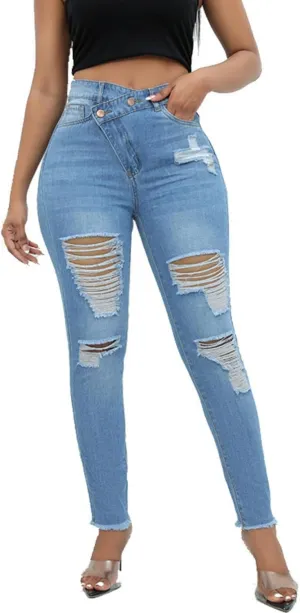 Jeans Pants Trousers Denim Slim Fit Jeans Women's Trendy Distressed High Waisted Leggings Washed Stretch Jeans