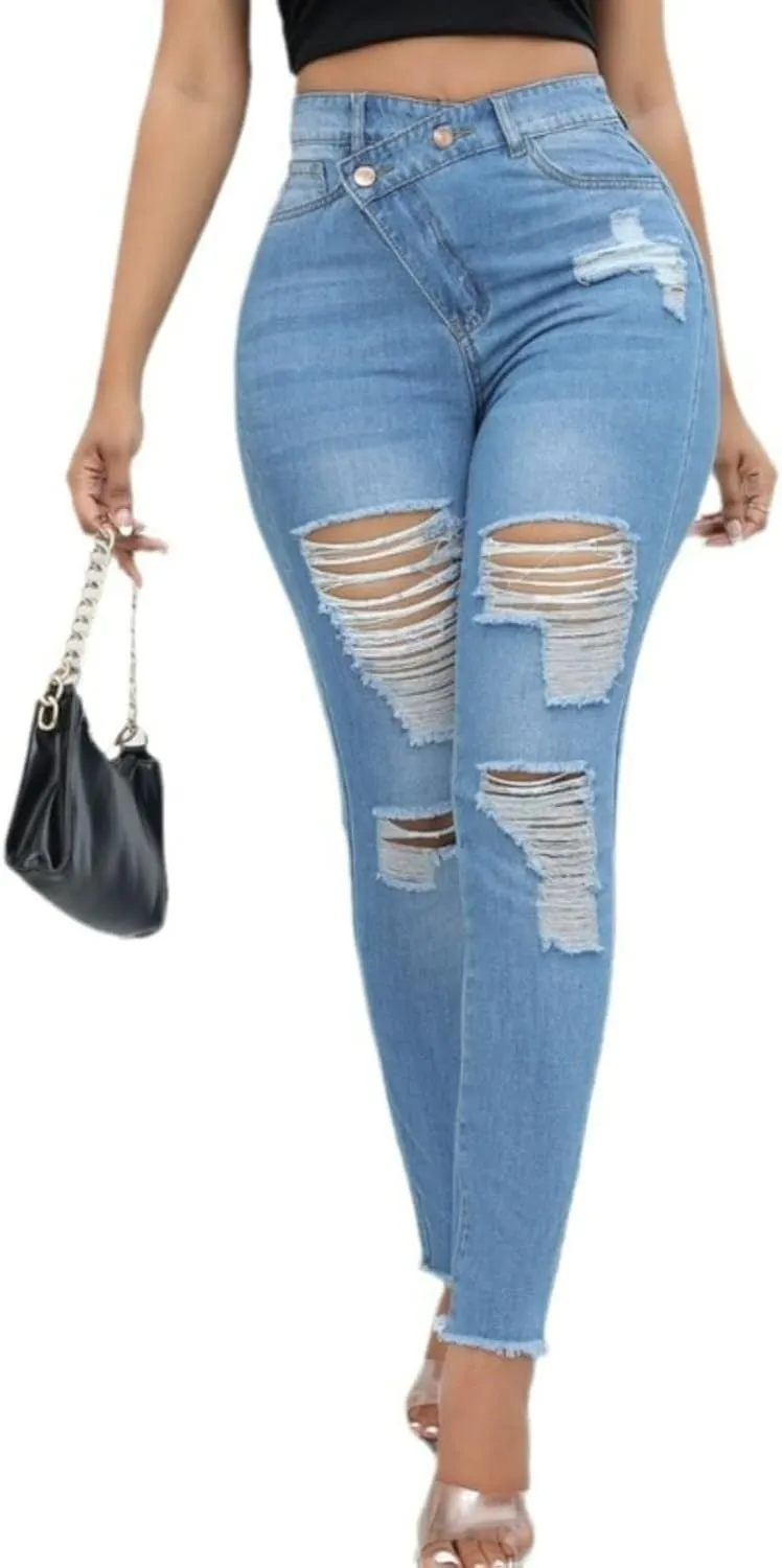 Jeans Pants Trousers Denim Slim Fit Jeans Women's Trendy Distressed High Waisted Leggings Washed Stretch Jeans