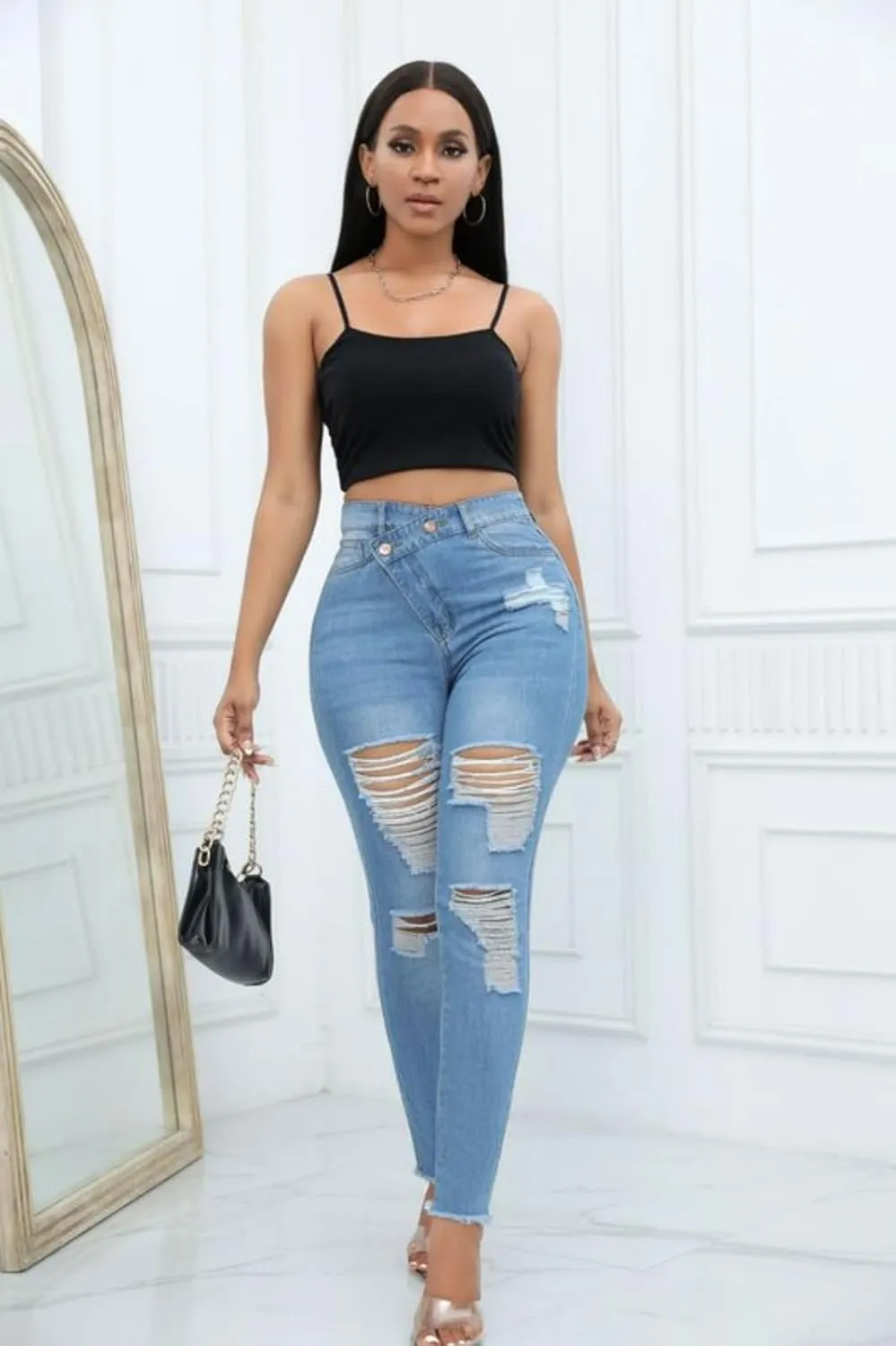 Jeans Pants Trousers Denim Slim Fit Jeans Women's Trendy Distressed High Waisted Leggings Washed Stretch Jeans