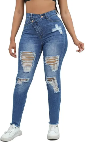 Jeans Pants Trousers Denim Slim Fit Jeans Women's Trendy Distressed High Waisted Leggings Washed Stretch Jeans(blue,S)