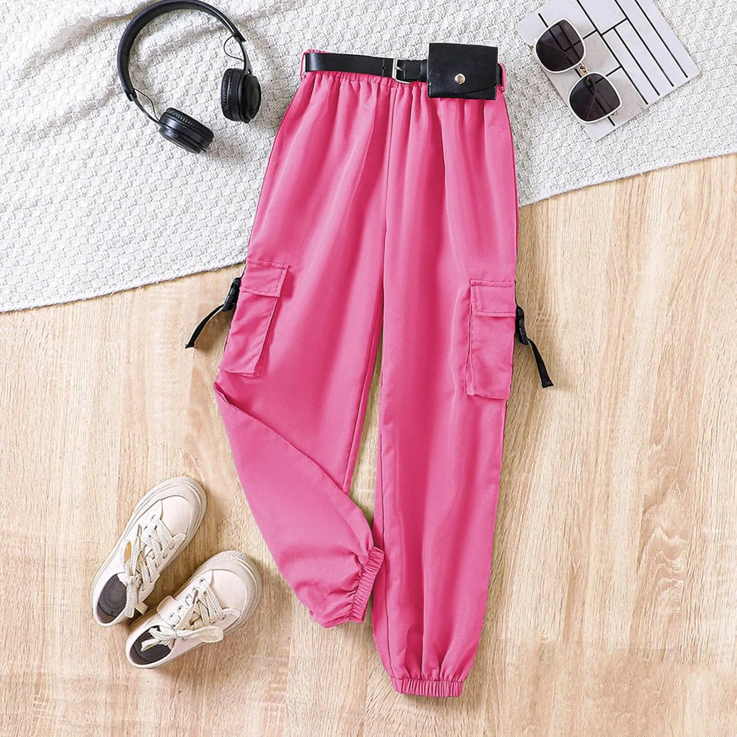 Jogger Pants for Girls Kids & Toddler Cargo Pants Elastic Waist Straight Leg Cargo Pants with Pocket