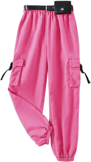 Jogger Pants for Girls Kids & Toddler Cargo Pants Elastic Waist Straight Leg Cargo Pants with Pocket
