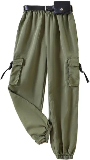 Jogger Pants for Girls Kids & Toddler Cargo Pants Elastic Waist Straight Leg Cargo Pants with Pocket