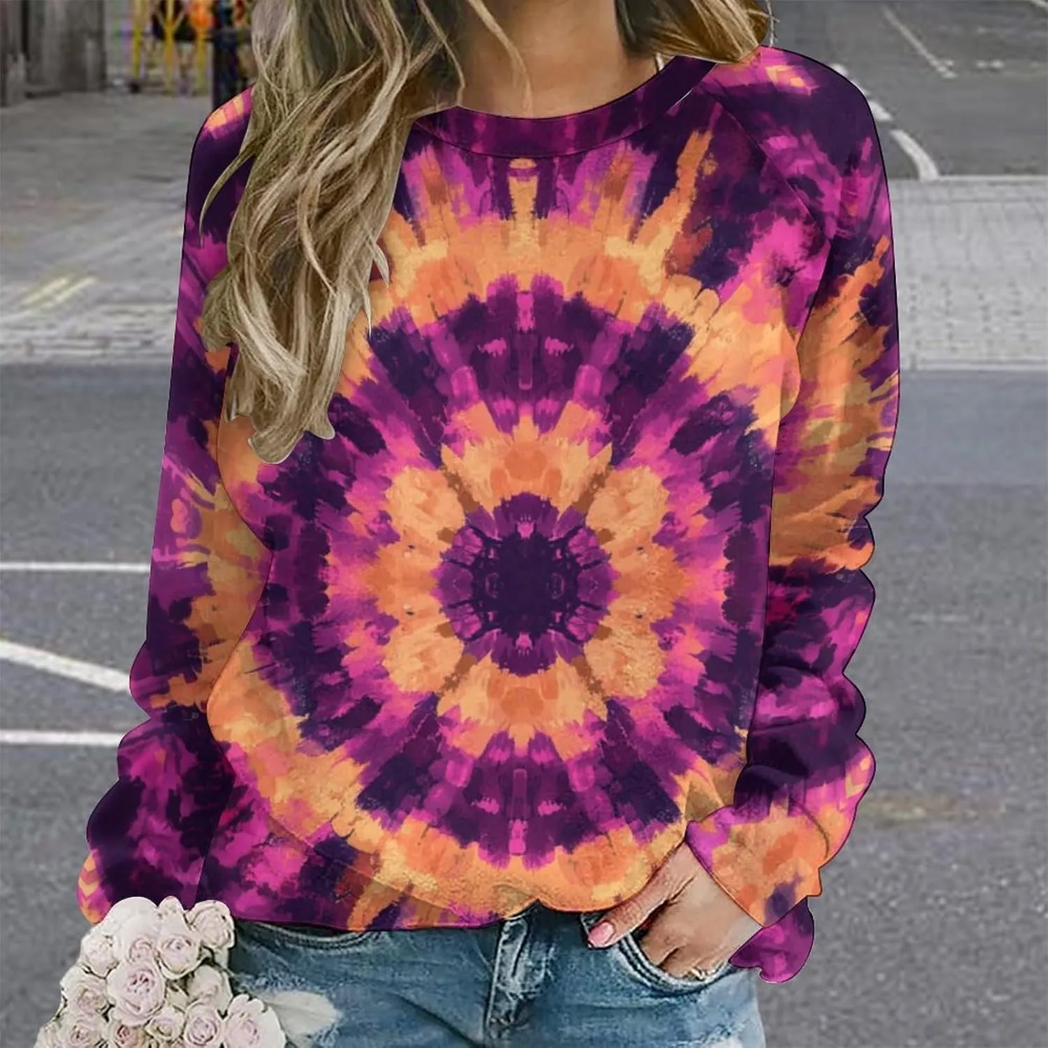 JooMeryer Tie Dye Sweatshirt for Women Long Sleeve Lightweight Oversize Pullover Sweatshirts