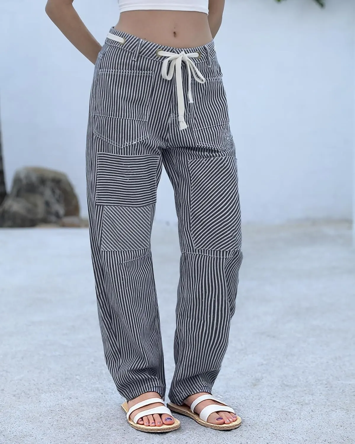 Kedera Women Striped Barrel Jeans Casual Loose Denim Jeans Wide Leg Baggy Pants Mid Waist Boyfriend Jeans Y2k