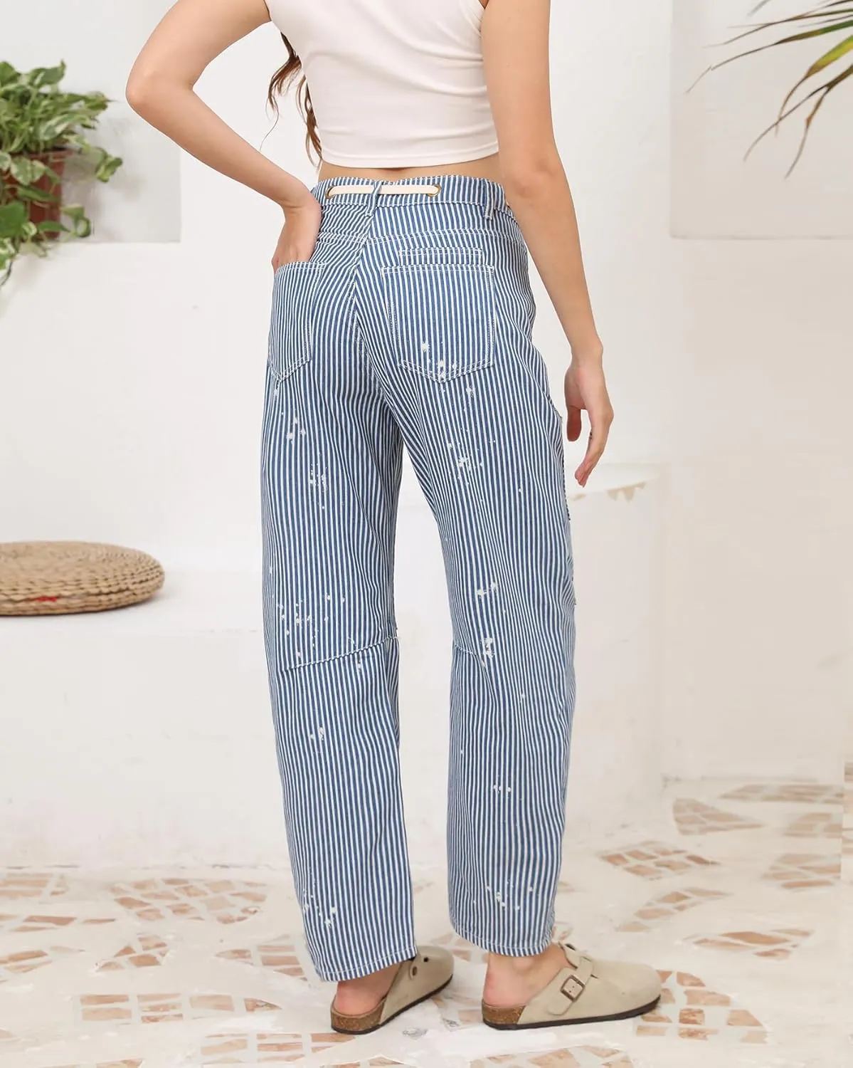 Kedera Women Striped Barrel Jeans Casual Loose Denim Jeans Wide Leg Baggy Pants Mid Waist Boyfriend Jeans Y2k