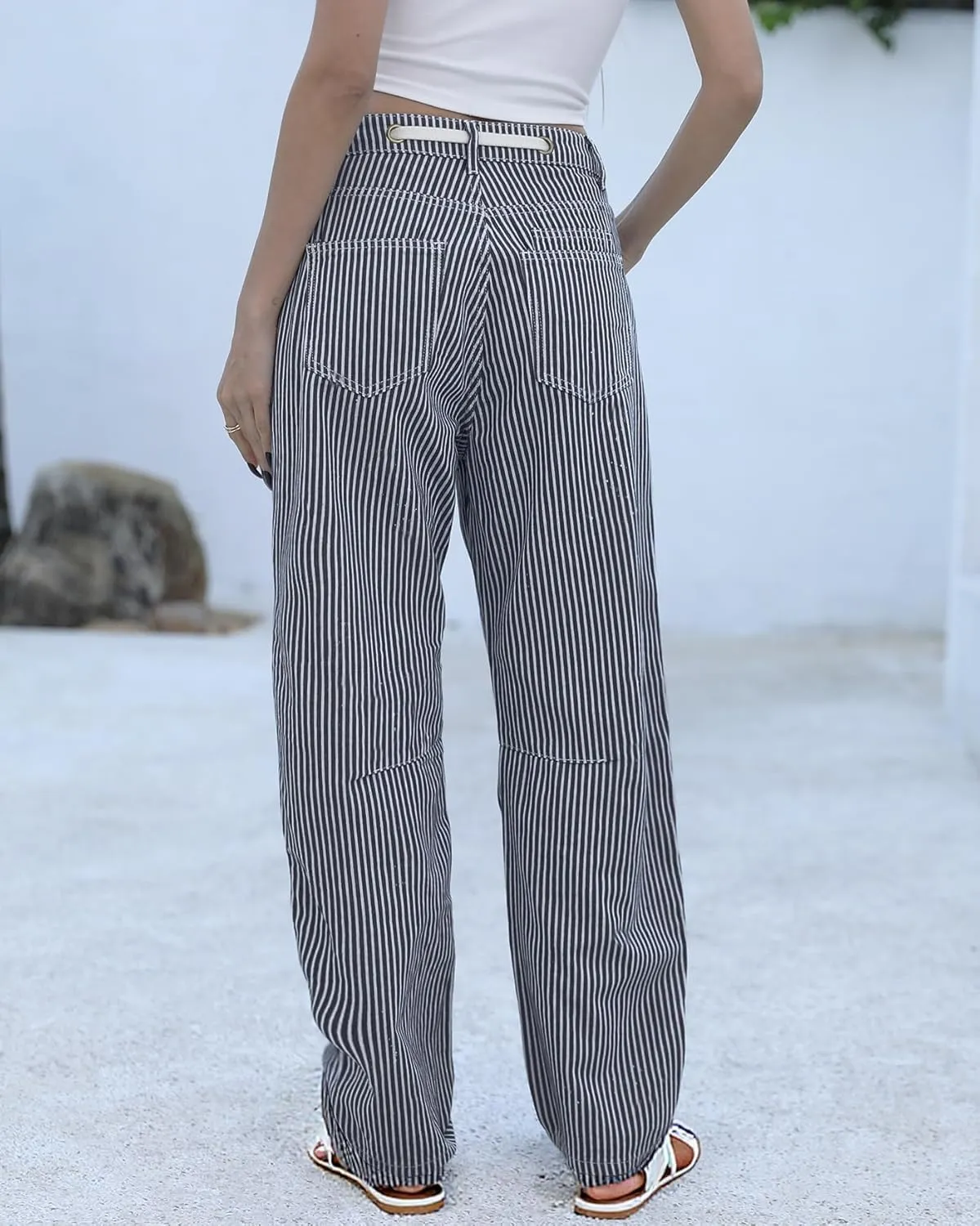 Kedera Women Striped Barrel Jeans Casual Loose Denim Jeans Wide Leg Baggy Pants Mid Waist Boyfriend Jeans Y2k
