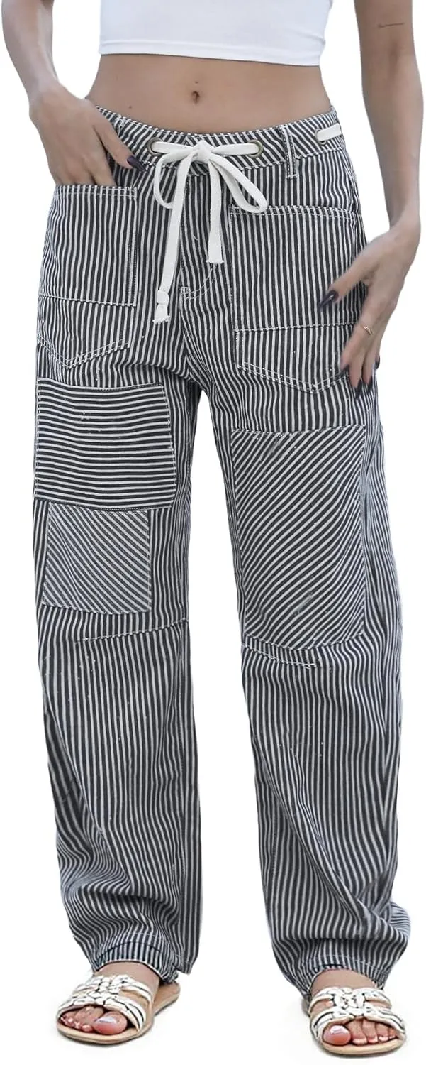 Kedera Women Striped Barrel Jeans Casual Loose Denim Jeans Wide Leg Baggy Pants Mid Waist Boyfriend Jeans Y2k