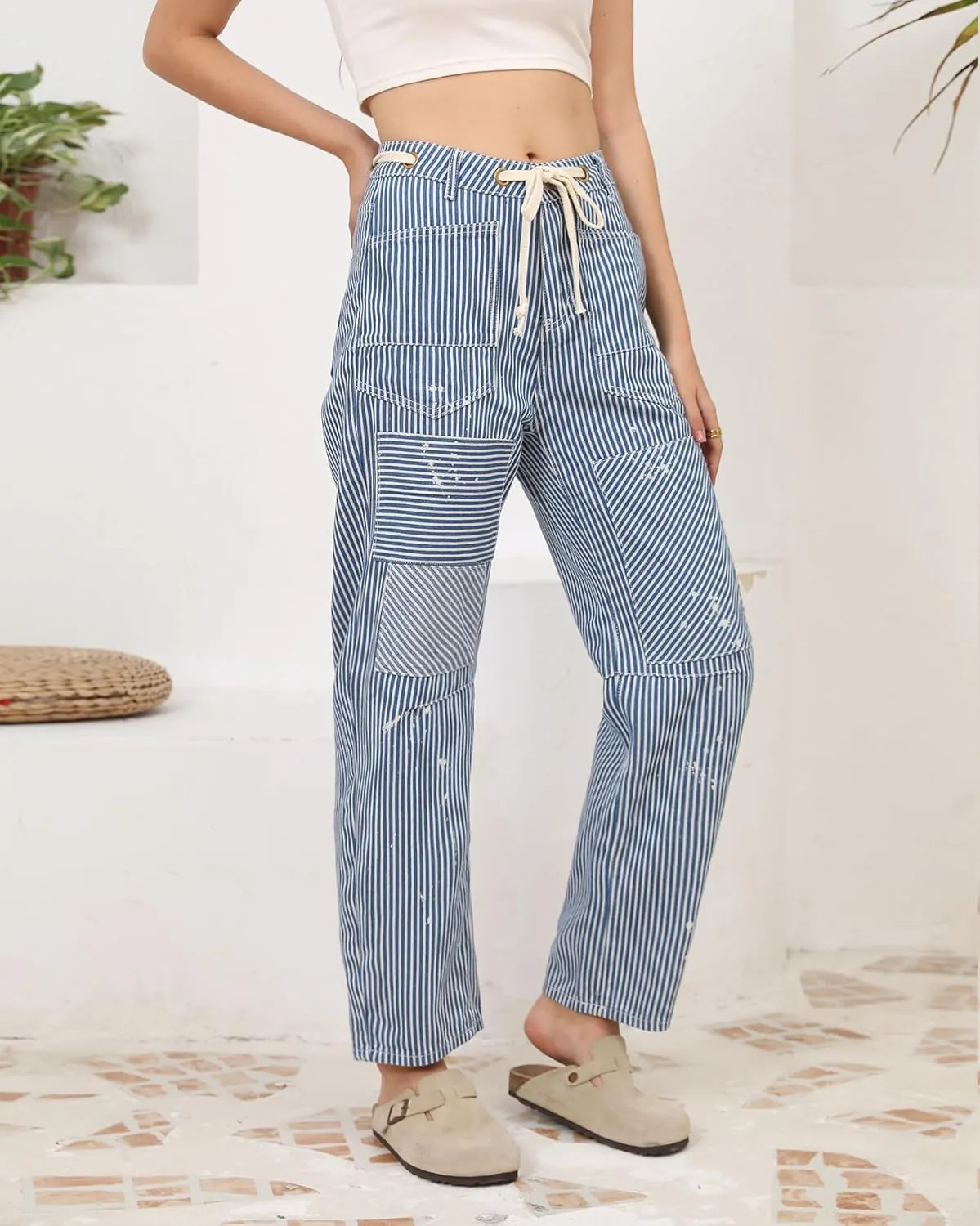 Kedera Women Striped Barrel Jeans Casual Loose Denim Jeans Wide Leg Baggy Pants Mid Waist Boyfriend Jeans Y2k