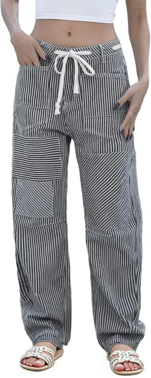 Kedera Women Striped Barrel Jeans Casual Loose Denim Jeans Wide Leg Baggy Pants Mid Waist Boyfriend Jeans Y2k