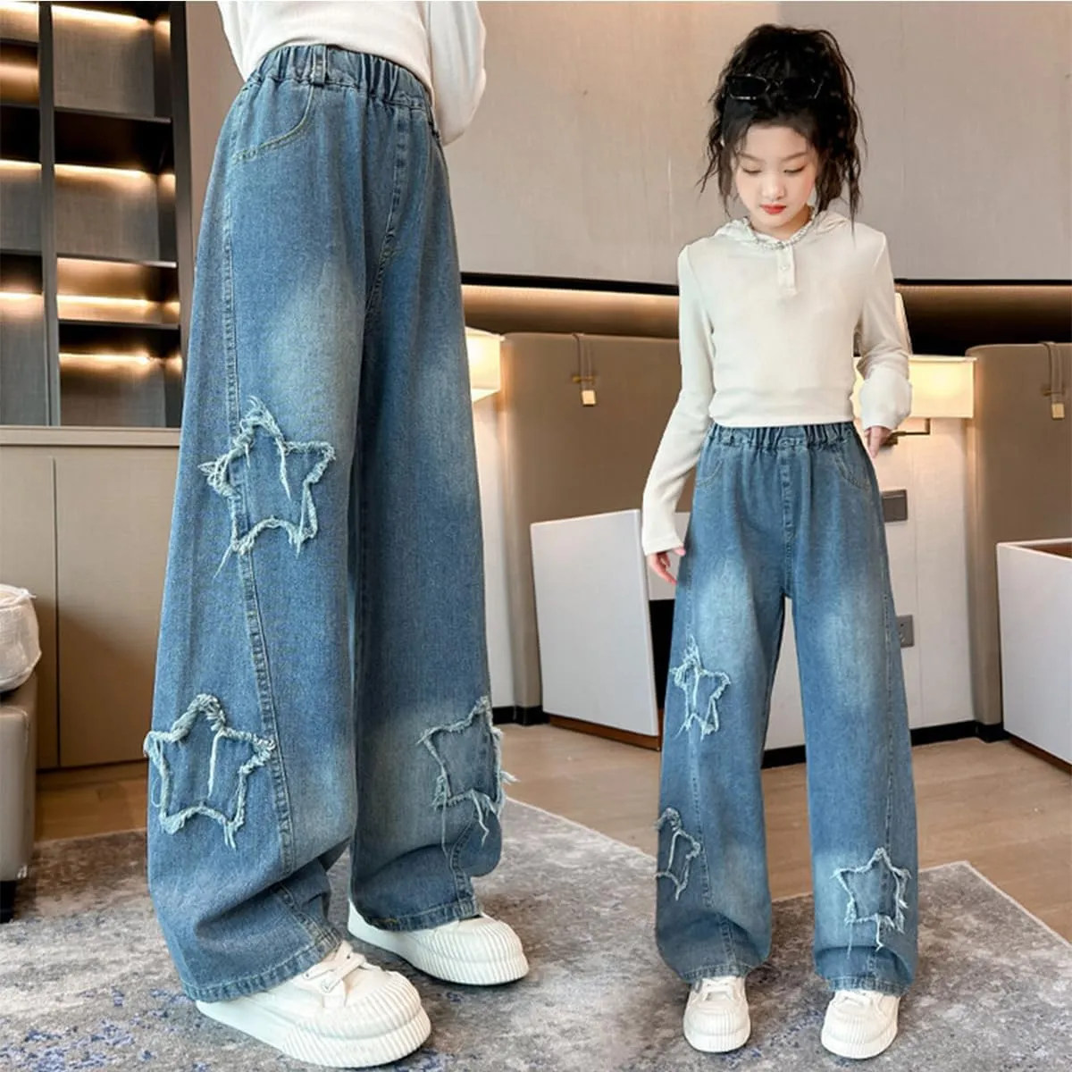 Kids Girls Jeans Washed Elastic Waist Baggy Wide Leg Jeans Size 4-14 Years