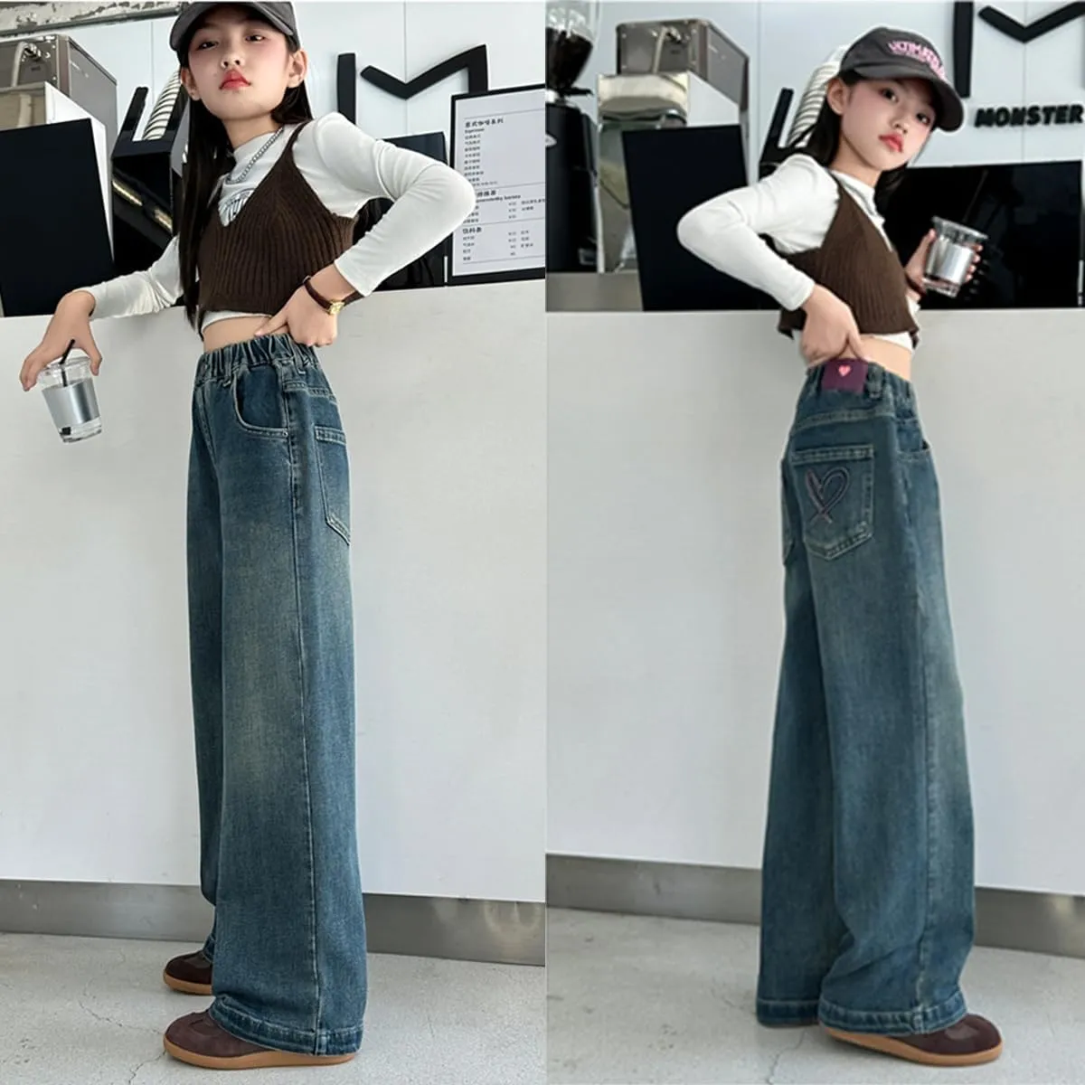 Kids Girls Jeans Washed Elastic Waist Baggy Wide Leg Jeans Size 4-14 Years