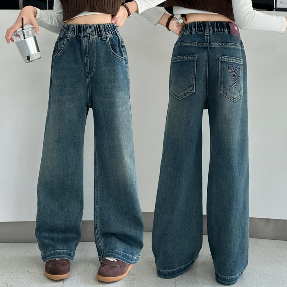 Kids Girls Jeans Washed Elastic Waist Baggy Wide Leg Jeans Size 4-14 Years