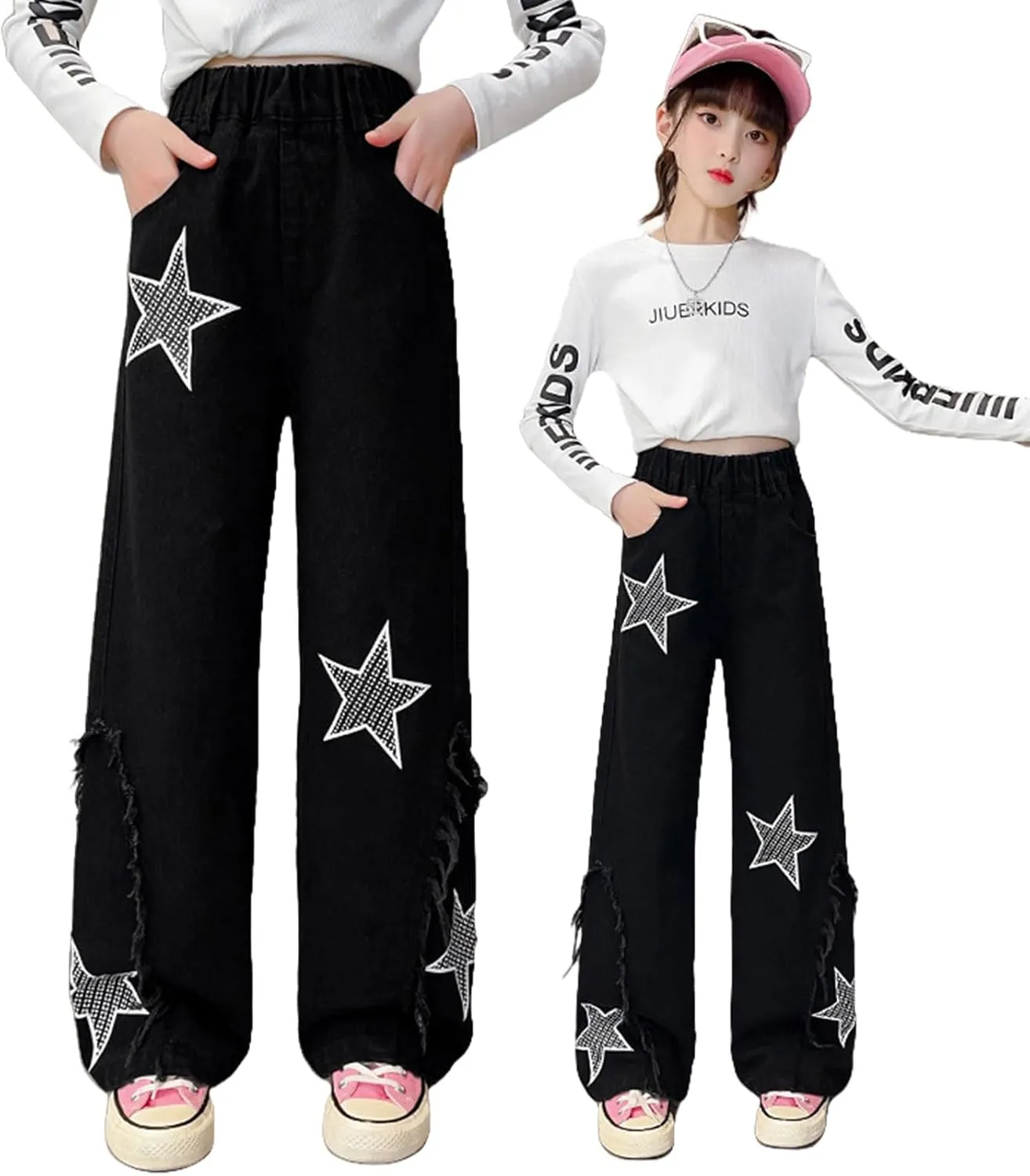 Kids Girls Jeans Washed Elastic Waist Baggy Wide Leg Jeans Size 4-14 Years