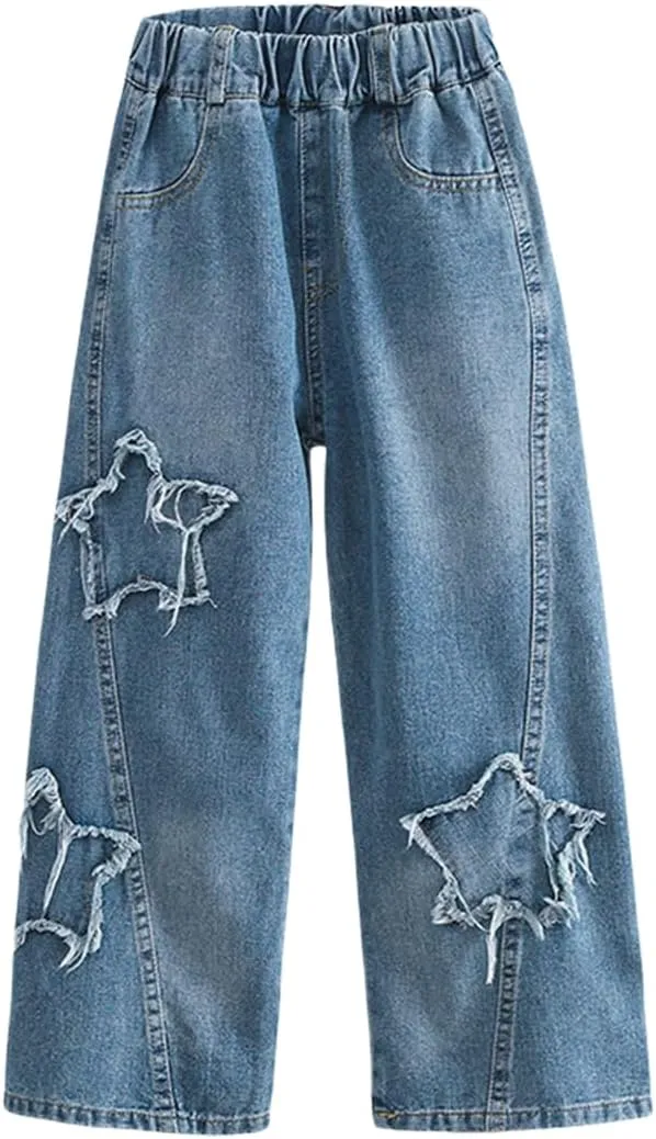 Kids Girls Jeans Washed Elastic Waist Baggy Wide Leg Jeans Size 4-14 Years