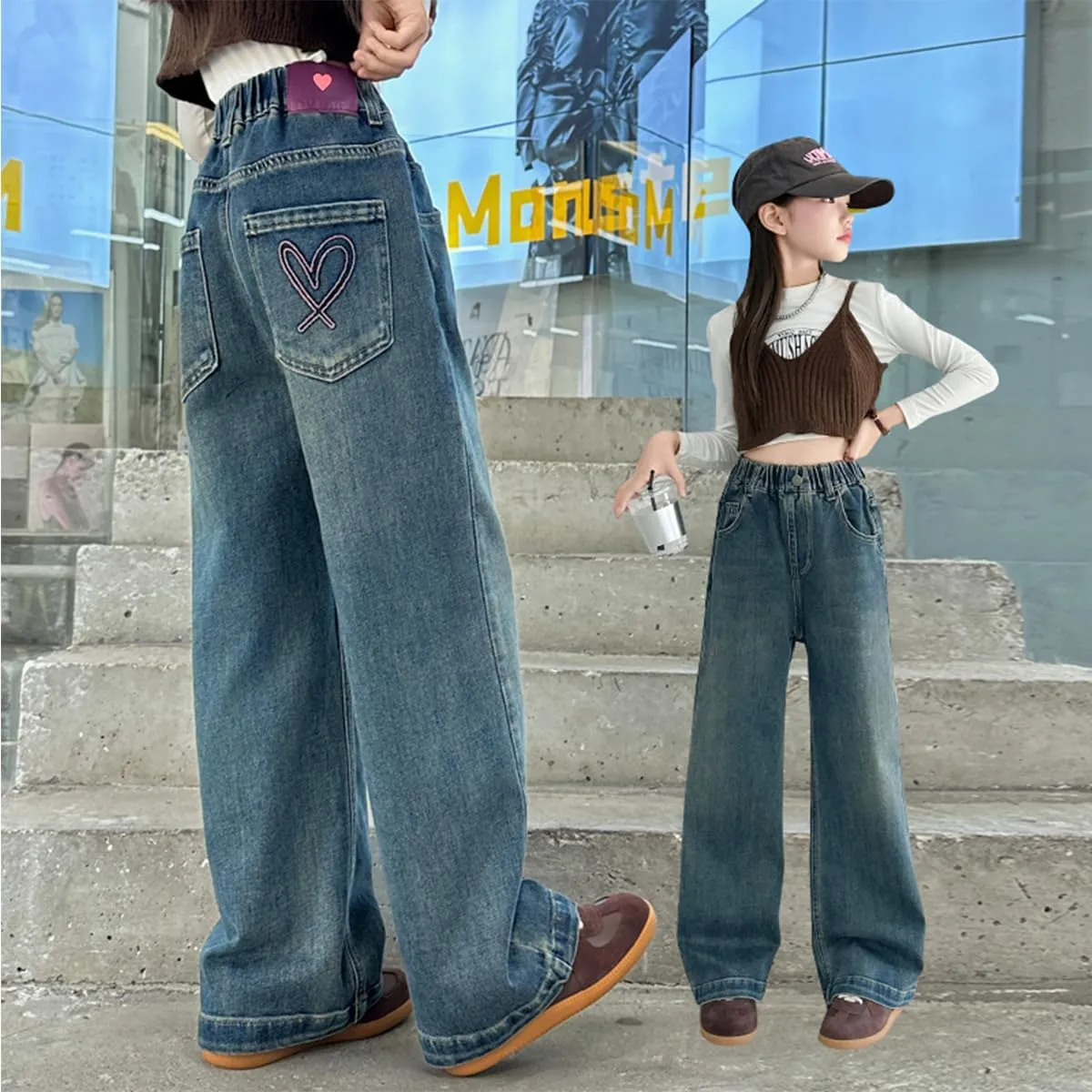 Kids Girls Jeans Washed Elastic Waist Baggy Wide Leg Jeans Size 4-14 Years
