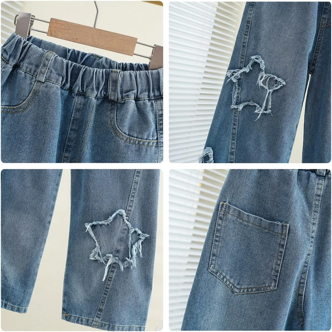 Kids Girls Jeans Washed Elastic Waist Baggy Wide Leg Jeans Size 4-14 Years