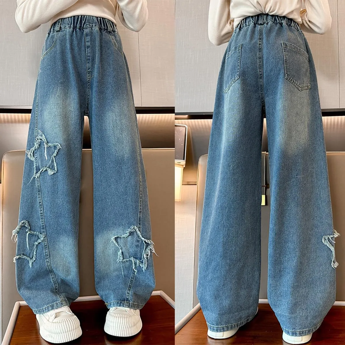 Kids Girls Jeans Washed Elastic Waist Baggy Wide Leg Jeans Size 4-14 Years