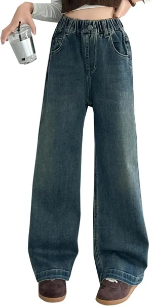 Kids Girls Jeans Washed Elastic Waist Baggy Wide Leg Jeans Size 4-14 Years