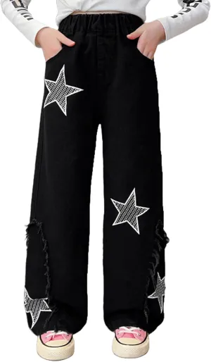 Kids Girls Jeans Washed Elastic Waist Baggy Wide Leg Jeans Size 4-14 Years