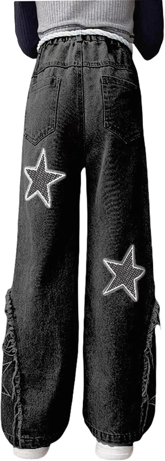 Kids Girls Jeans Washed Elastic Waist Baggy Wide Leg Jeans Size 4-14 Years