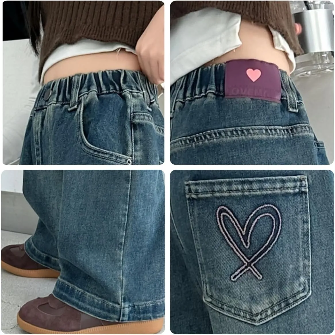 Kids Girls Jeans Washed Elastic Waist Baggy Wide Leg Jeans Size 4-14 Years