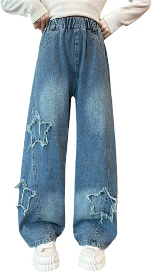 Kids Girls Jeans Washed Elastic Waist Baggy Wide Leg Jeans Size 4-14 Years
