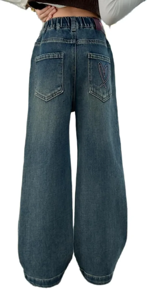 Kids Girls Jeans Washed Elastic Waist Baggy Wide Leg Jeans Size 4-14 Years