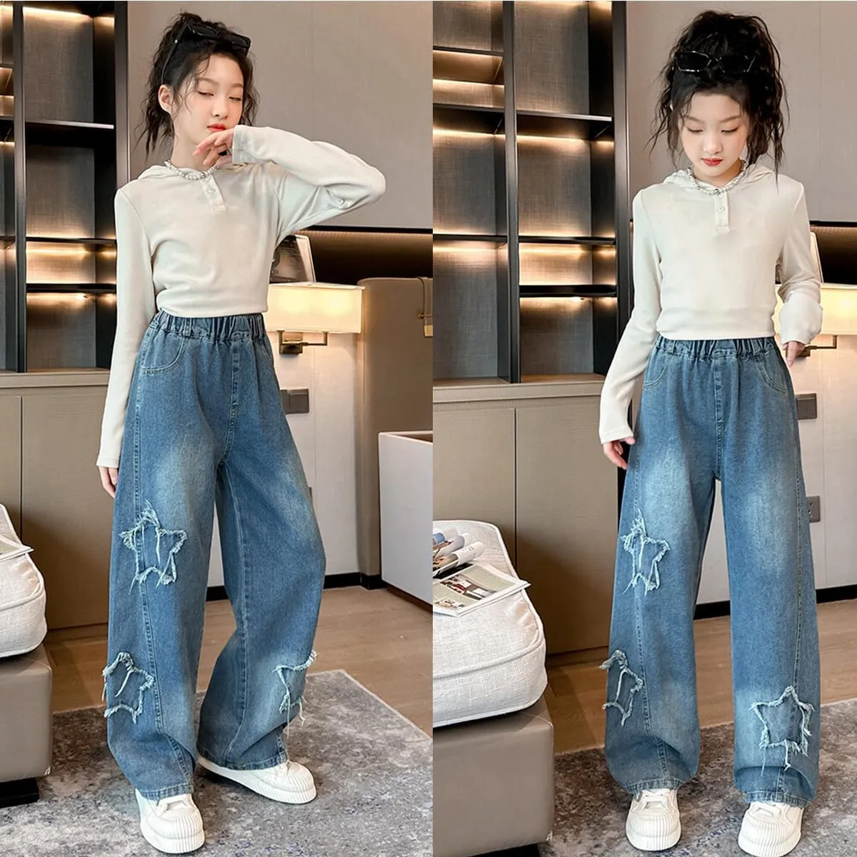 Kids Girls Jeans Washed Elastic Waist Baggy Wide Leg Jeans Size 4-14 Years