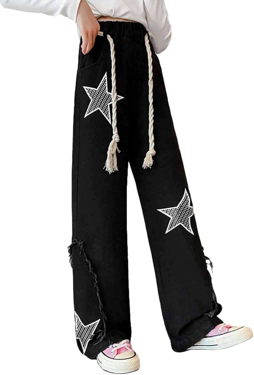 Kids Girls Jeans Washed Elastic Waist Baggy Wide Leg Jeans Size 4-14 Years