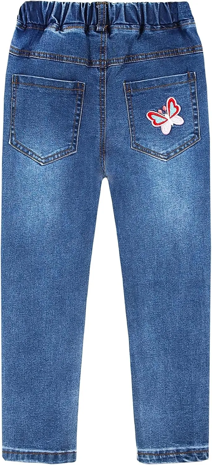 KIDSCOOL SPACE Girls Jeans, Ribbed Elastic Waist Embroidered Denim Pants
