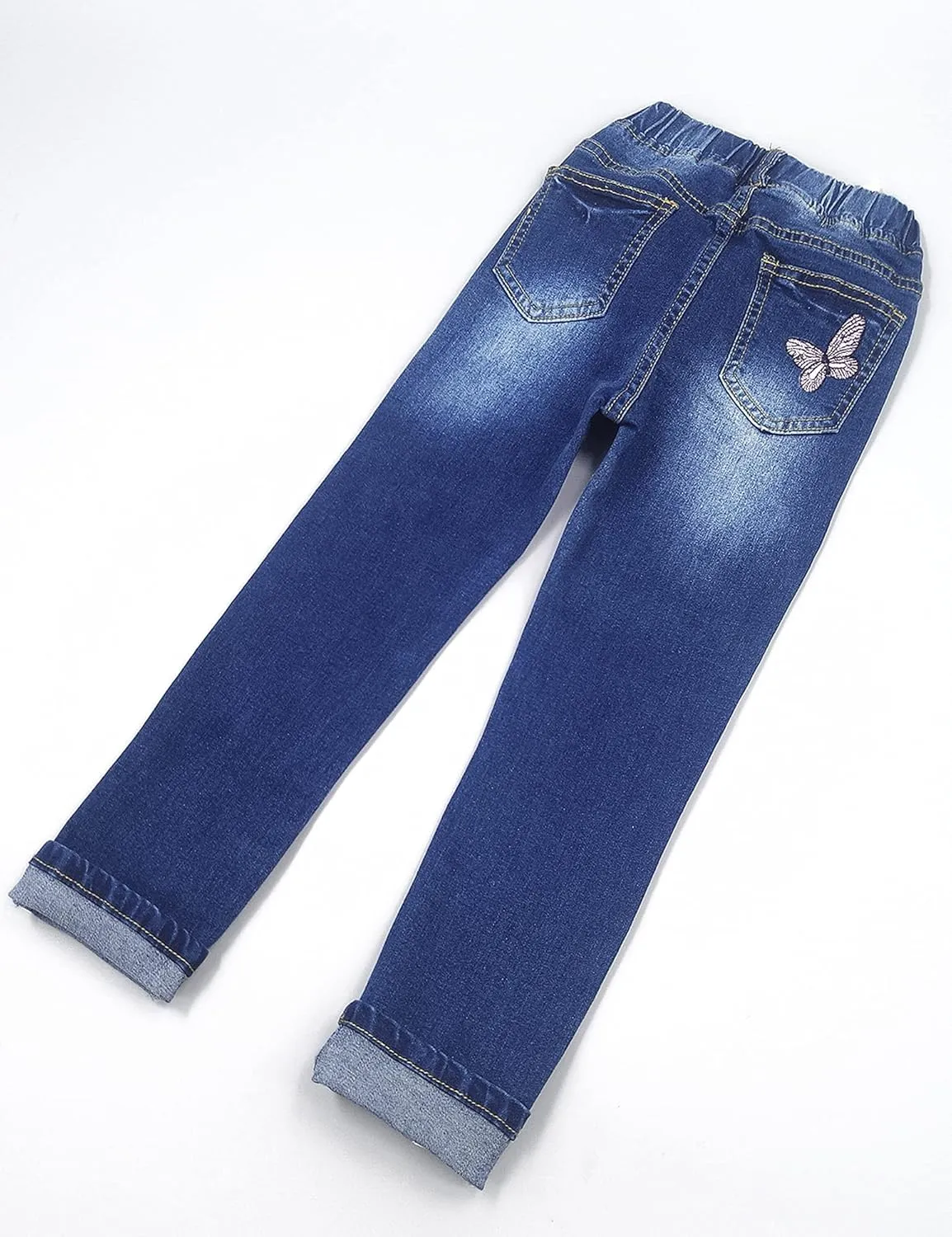 KIDSCOOL SPACE Girls Jeans, Ribbed Elastic Waist Embroidered Denim Pants