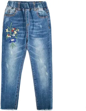 KIDSCOOL SPACE Girls Jeans, Ribbed Elastic Waist Embroidered Denim Pants