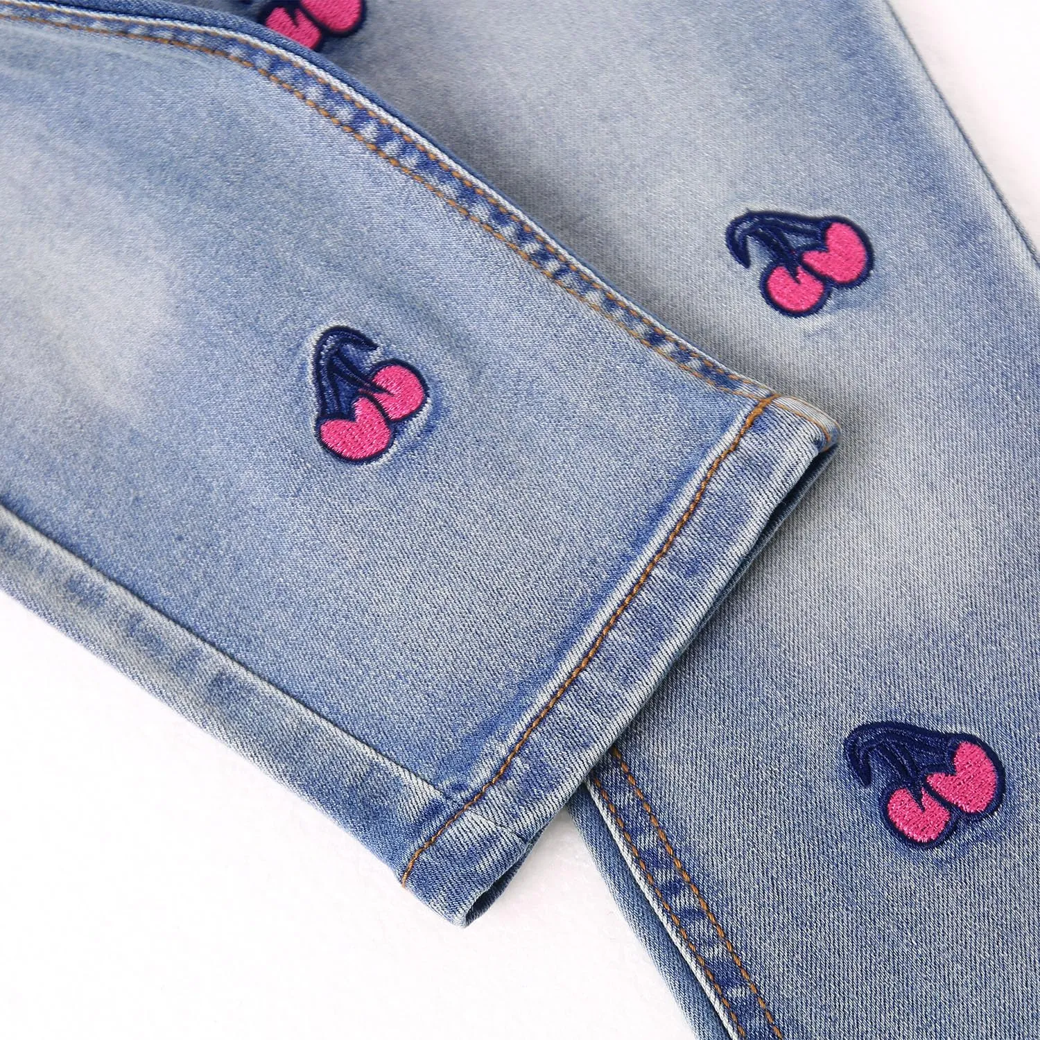KIDSCOOL SPACE Girls Jeans, Ribbed Elastic Waist Embroidered Denim Pants