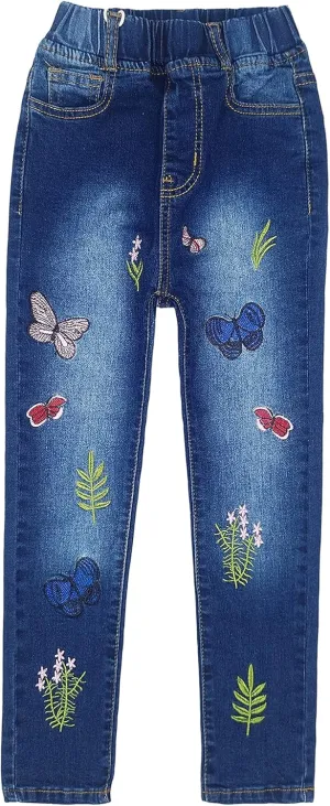KIDSCOOL SPACE Girls Jeans, Ribbed Elastic Waist Embroidered Denim Pants