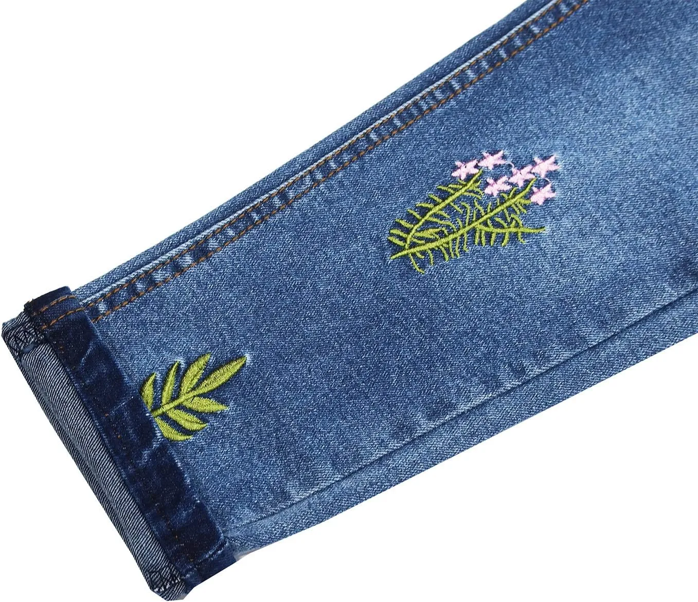 KIDSCOOL SPACE Girls Jeans, Ribbed Elastic Waist Embroidered Denim Pants