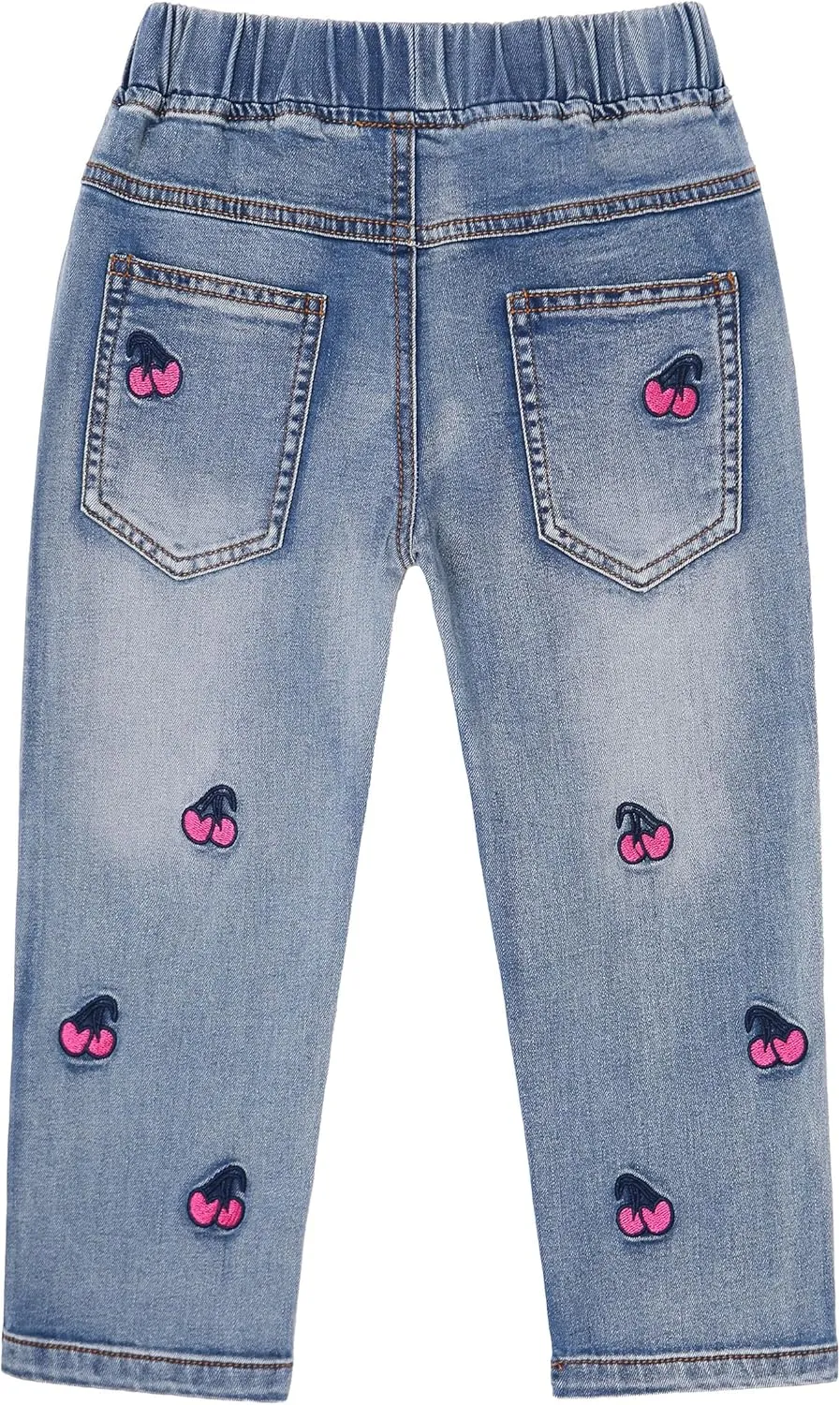 KIDSCOOL SPACE Girls Jeans, Ribbed Elastic Waist Embroidered Denim Pants