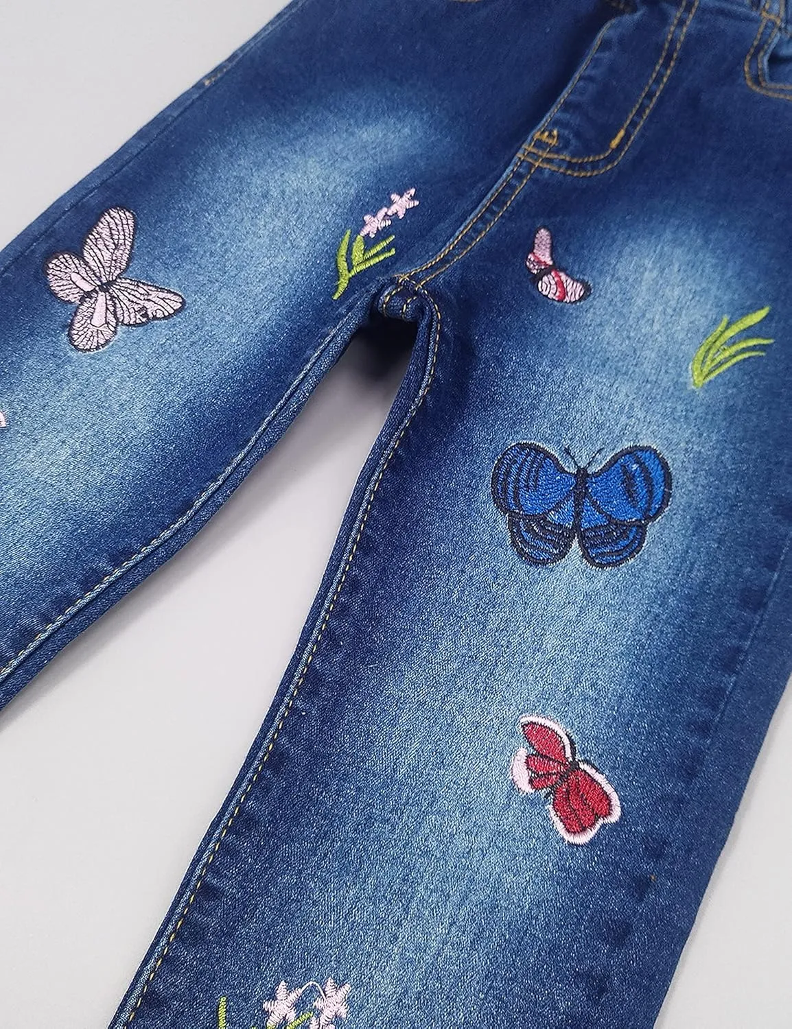 KIDSCOOL SPACE Girls Jeans, Ribbed Elastic Waist Embroidered Denim Pants